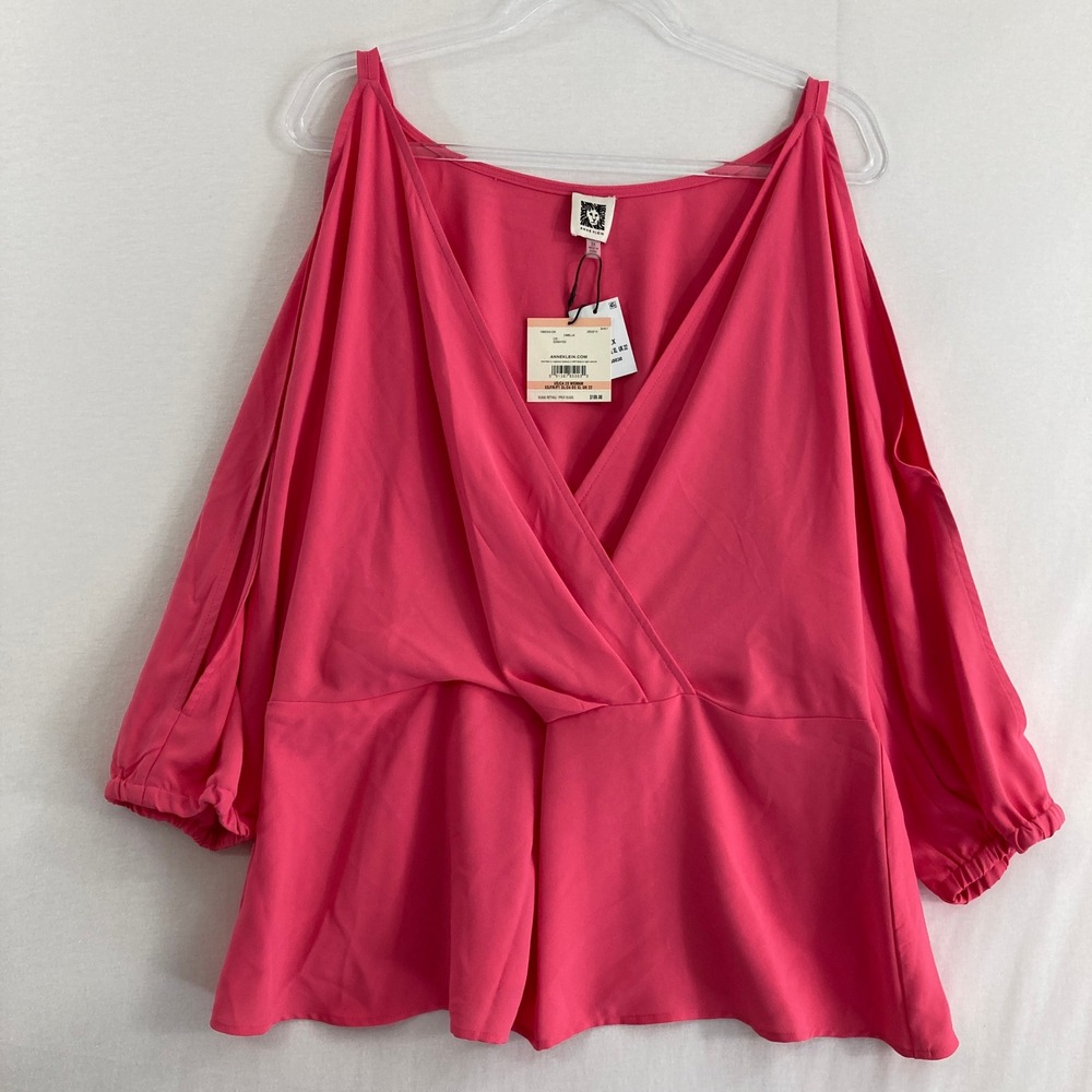 New Anne Klein Blouse‎ size 2X Pink Red Cold Shoulder Surplice Feminine Evening